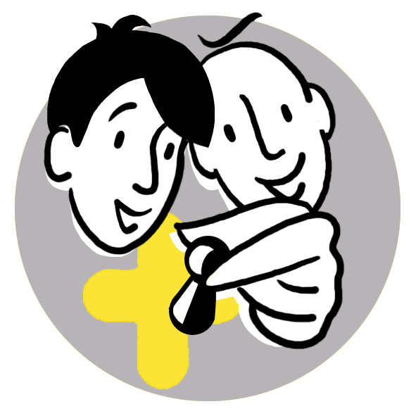 getekend icoon in grijs/zwart met geel accent verbeeldend het spelen van een leuk senioren spel