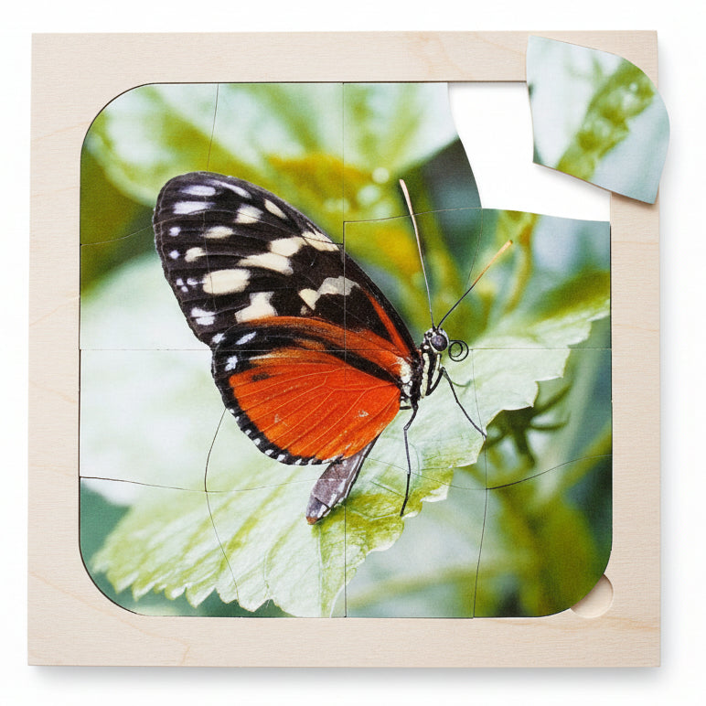 Houten puzzel Vlinder – 16-delige puzzel met vlindermotief, bevordert activering en geheugen bij ouderen.
