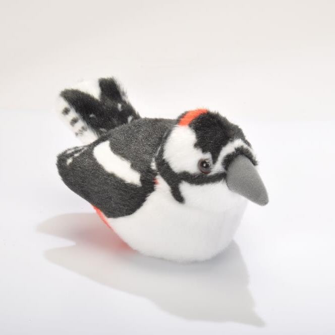 Pluche Bonte Specht – Zachte knuffelvogel met geluid, bevordert sensorische stimulatie en troost voor senioren.