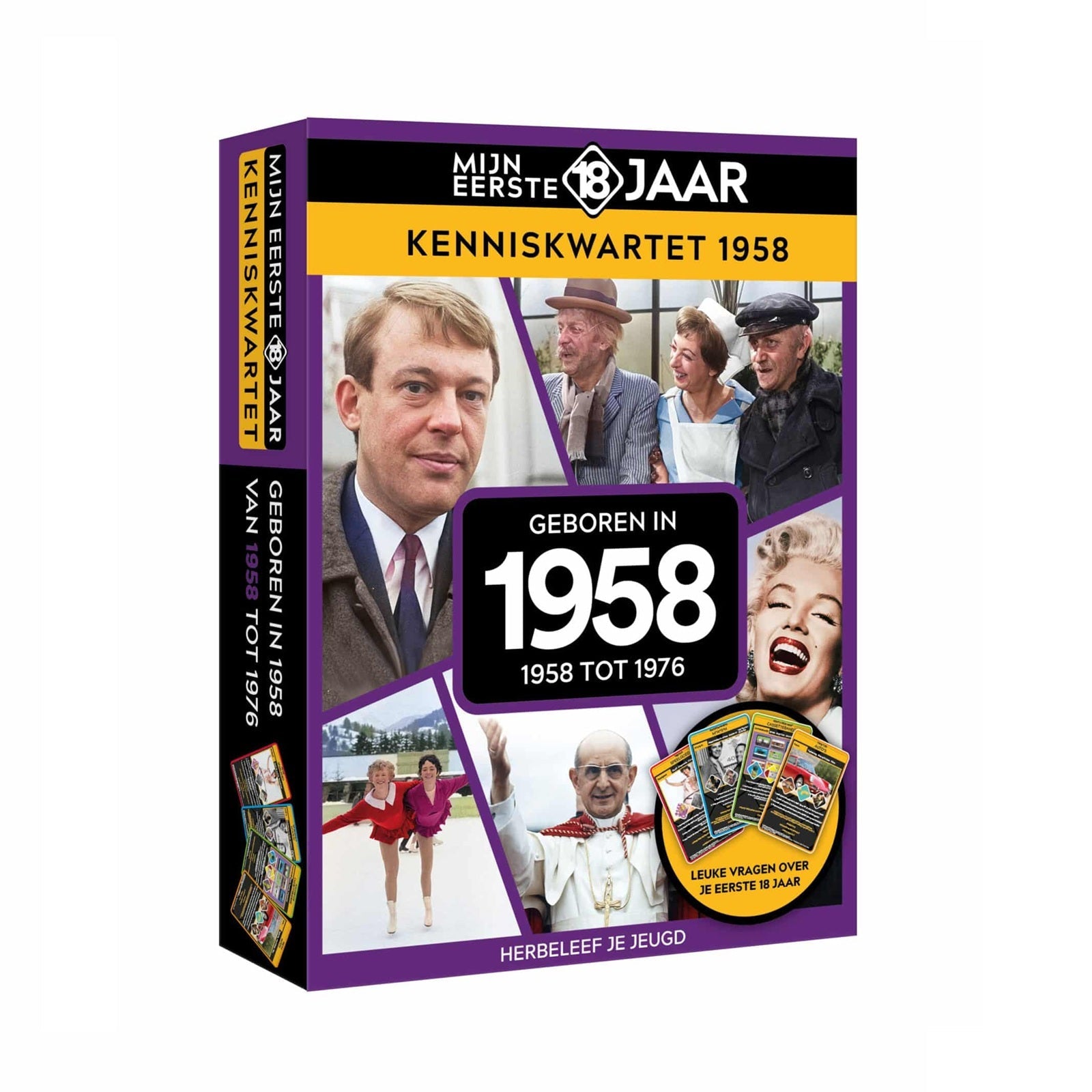 Mijn Eerste 18 Jaar Kenniskwartet 1958 – Kaartspel dat herinneringen en interactie stimuleert voor senioren.