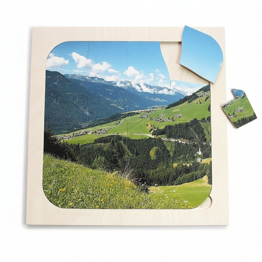 Dementie-puzzel 'Bergen' – 16-delige houten puzzel die geheugen en activering bevordert voor ouderen.