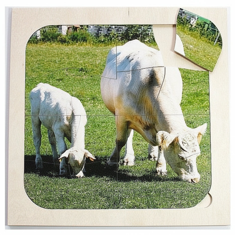 Houten Dementiepuzzel Koeien – 16-delige puzzel met koeienmotief, speciaal voor activering bij mensen met dementie.