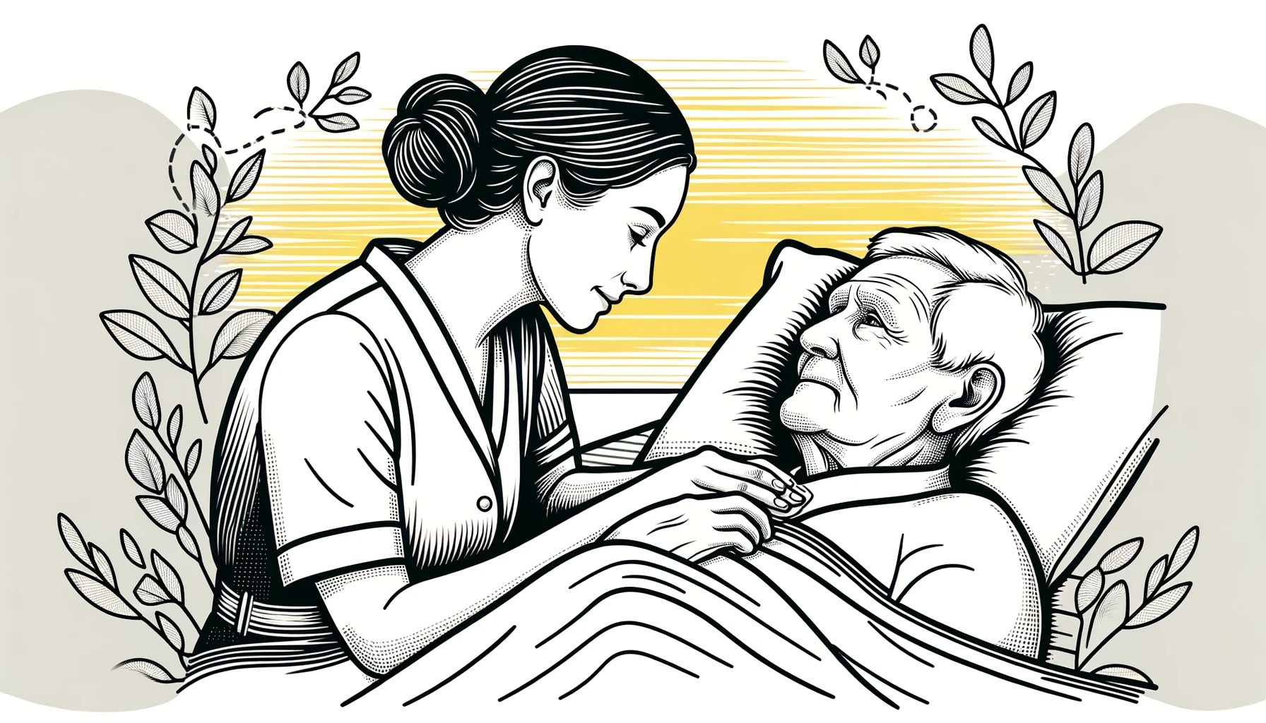 Tedere scène van een oudere man in de ernstige fase van dementie die in bed ligt, verzorgd door een verpleegster die zijn deken aanpast. De compassievolle zorg van de verpleegster wordt benadrukt met gele accenten op haar handen, wat warmte en toegewijde ondersteuning symboliseert in een vredige omgeving