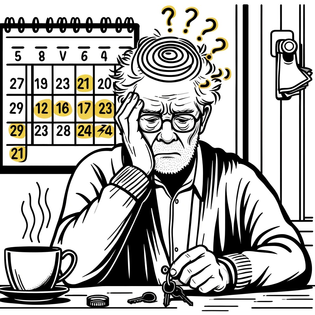 Zwart-wit tekening van een oudere man met lichte chaos in zijnhoofd terwijl hij woorden zoekt.  Een kalender met in geel gemarkeerde datums benadrukt de achtergrond, wat wijst op problemen met tijdoriëntatie.