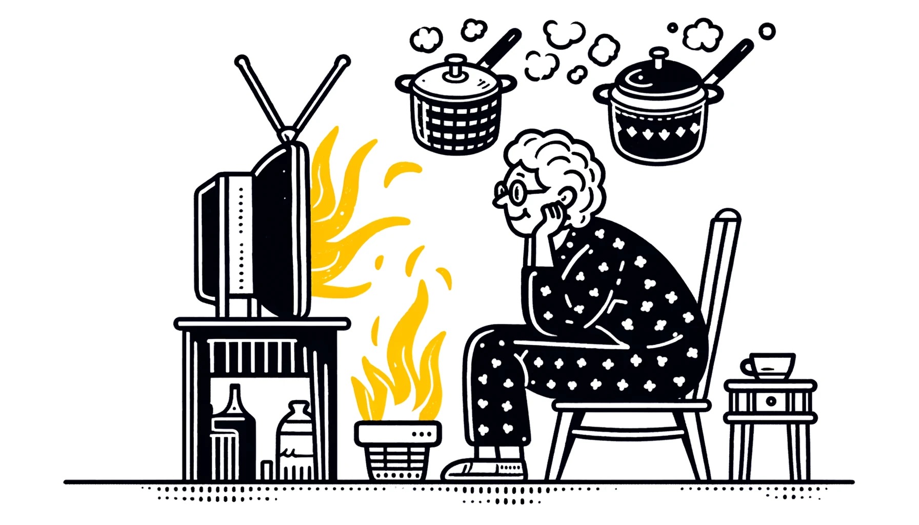 Landschapstekening van een oudere vrouw in de gematigde fase van dementie, geboeid door de televisie die in brand staat terwijl het eten op het vuur staat. De verwarrende tekening symboliseert de verwarring in haar hoofd.