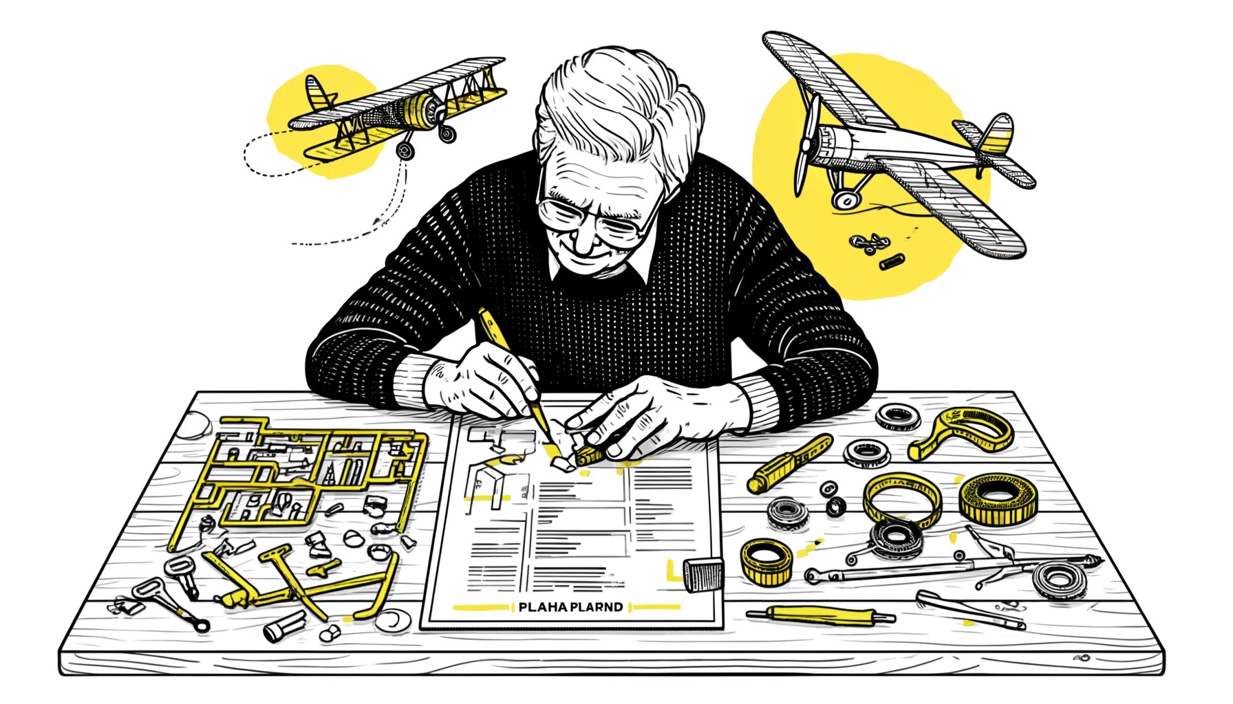 Zwart-wit tekening van een oudere man die speels naar zijn bril op zijn hoofd zoekt, omgeven door zwevende woorden, cijfers en datums in wanorde, die zijn worsteling met het geheugen symboliseren. Een kalender met in geel gemarkeerde datums benadrukt de achtergrond, wat wijst op problemen met tijdoriëntatie.