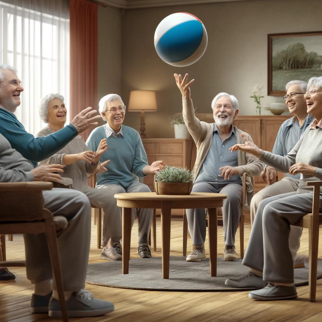 foto van oudere mensen in de huiskamer van een verpleeghuis die plezier hebben met de speelbal verhalen